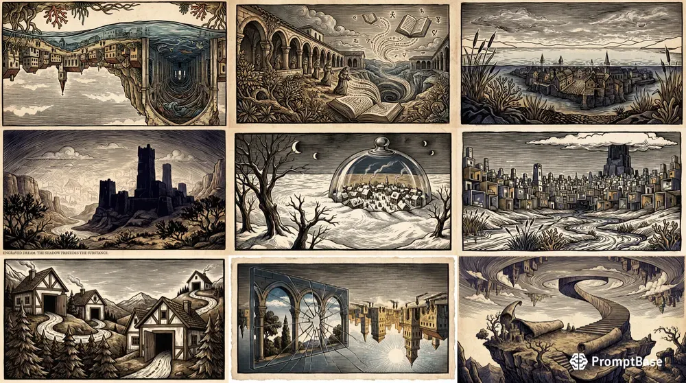 Surreal Woodcut Anime Landscapes