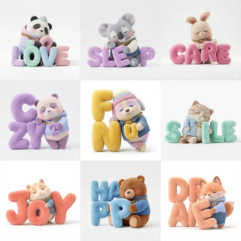 Cute Kawaii Plush Mascots Hugging Fluffies