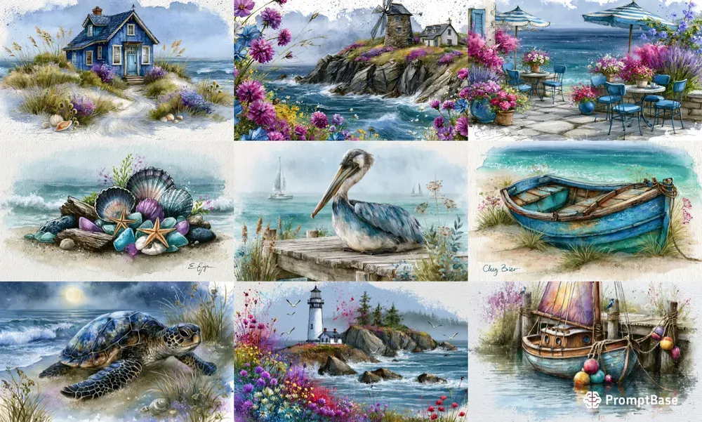 Whimsical Coastal Watercolor Art