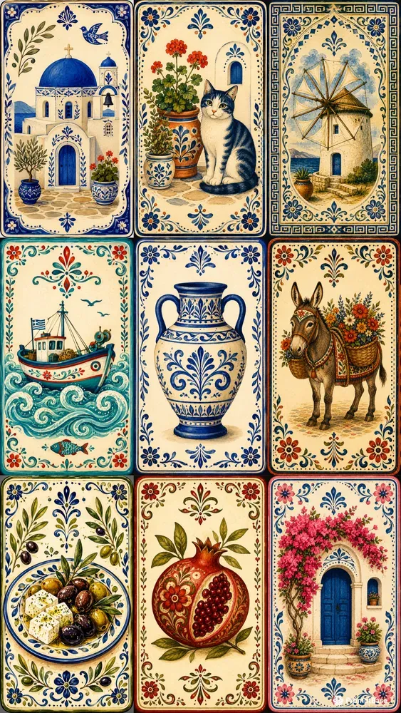 Greek Folk Art Mini Card Illustrations