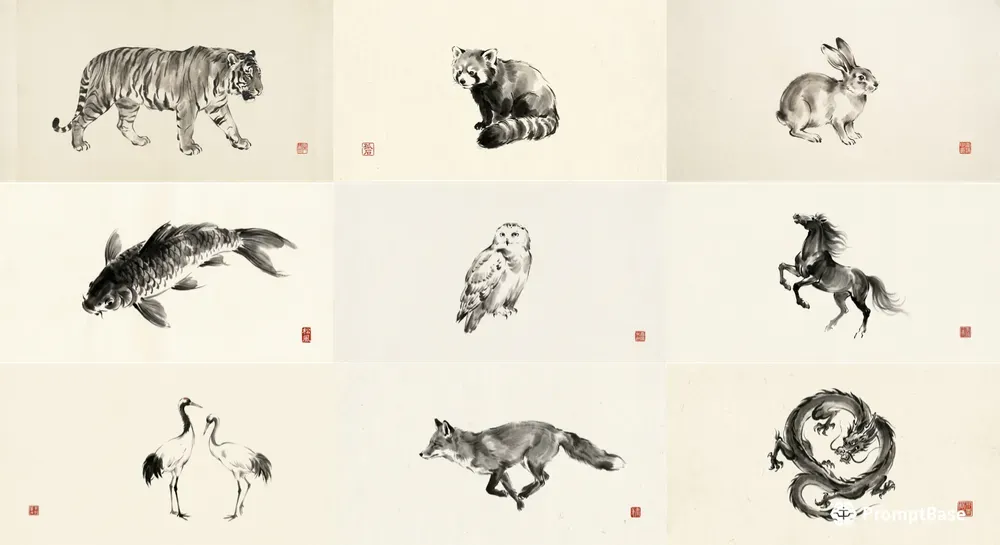 East Asian Ink Wash Animal Portraits