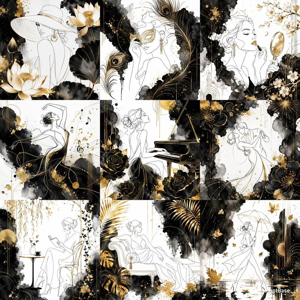 Elegant Black And Gold Line Art