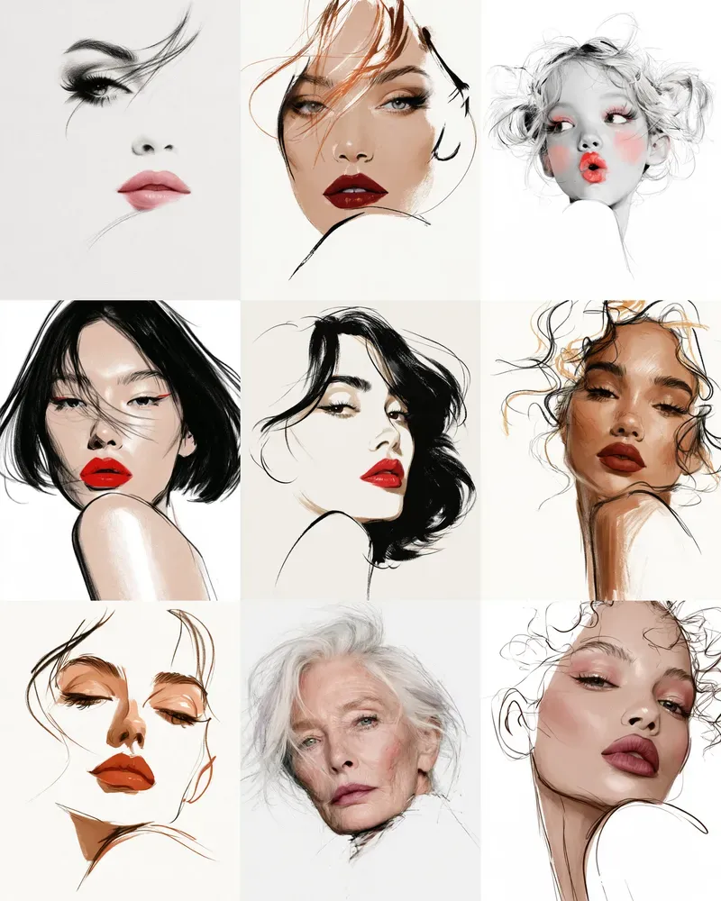 Elegant Lashes And Lips Line Art