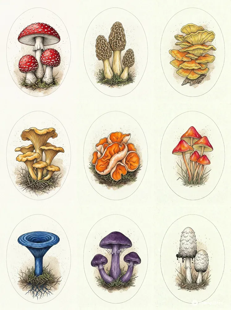 Vintage Botanical Mushroom Oval Art