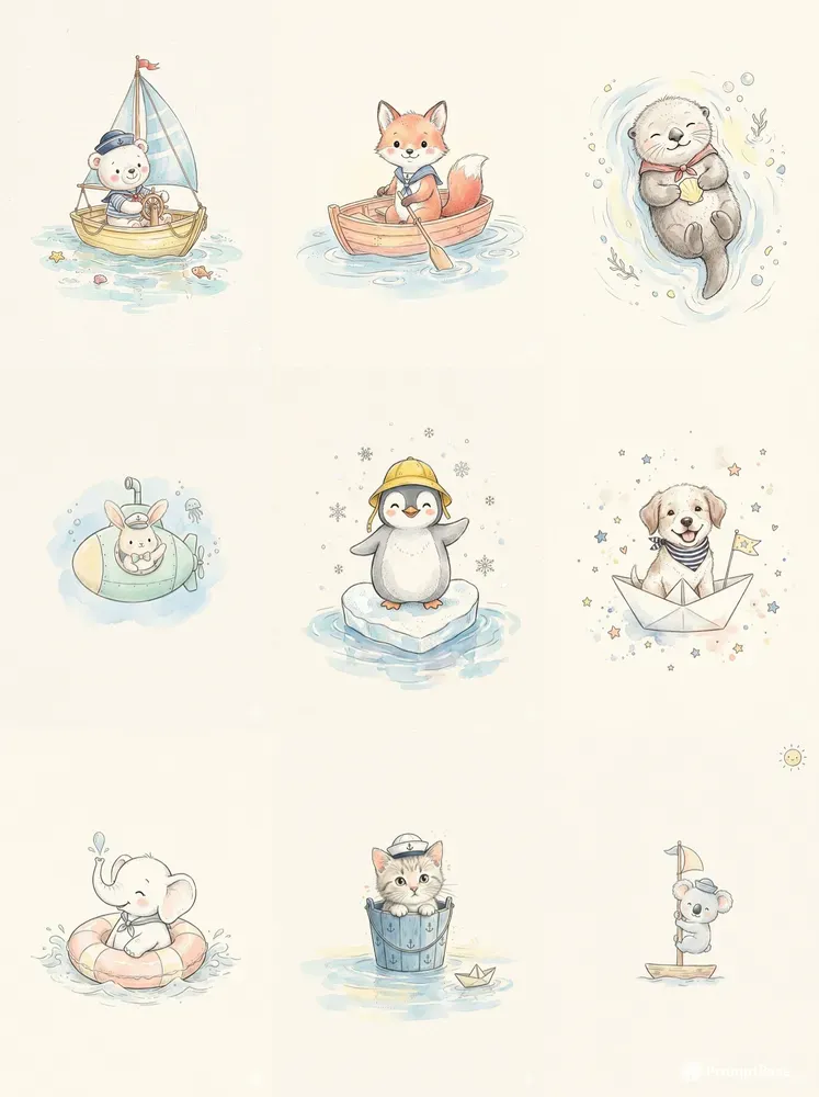 Pastel Nautical Animal Watercolor Art