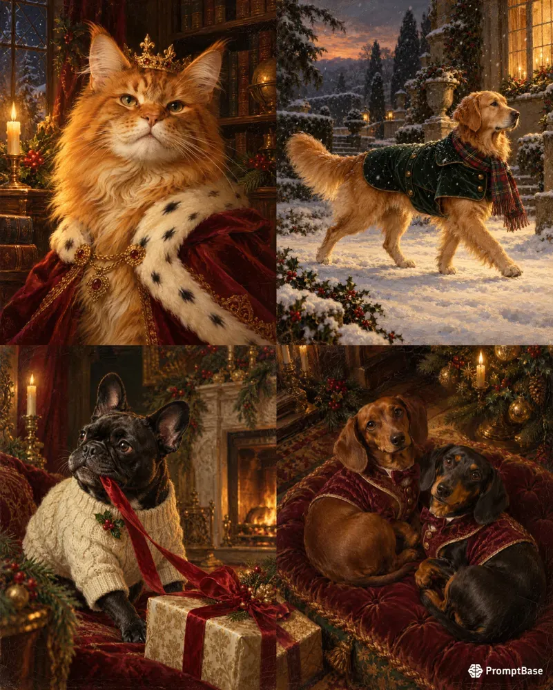 Regal Christmas Pet Oil Portrait Art
