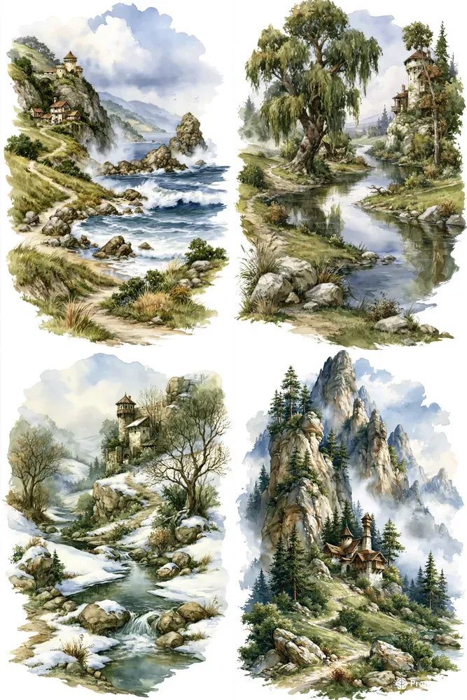 Medieval Storybook Watercolor Landscapes
