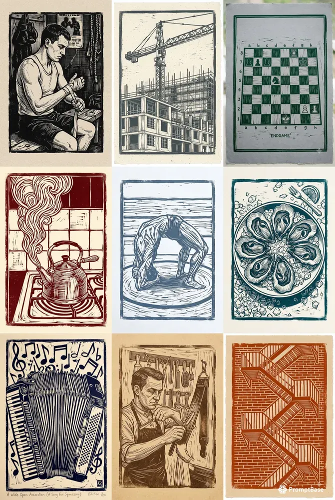 Hand Carved Linocut Relief Print Art