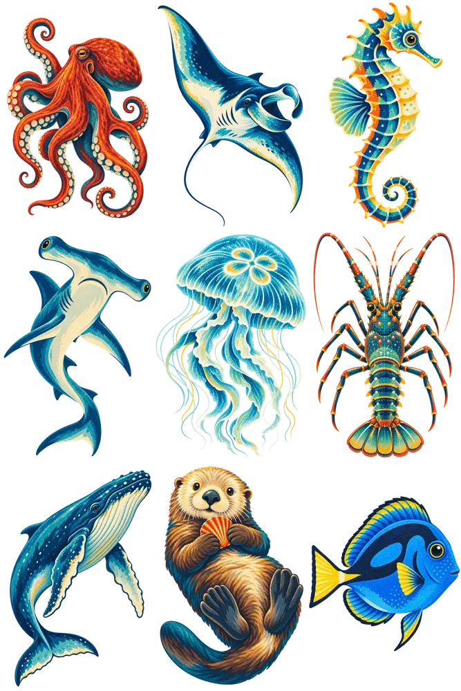 Flat Silkscreen Ocean Animal Clip Art