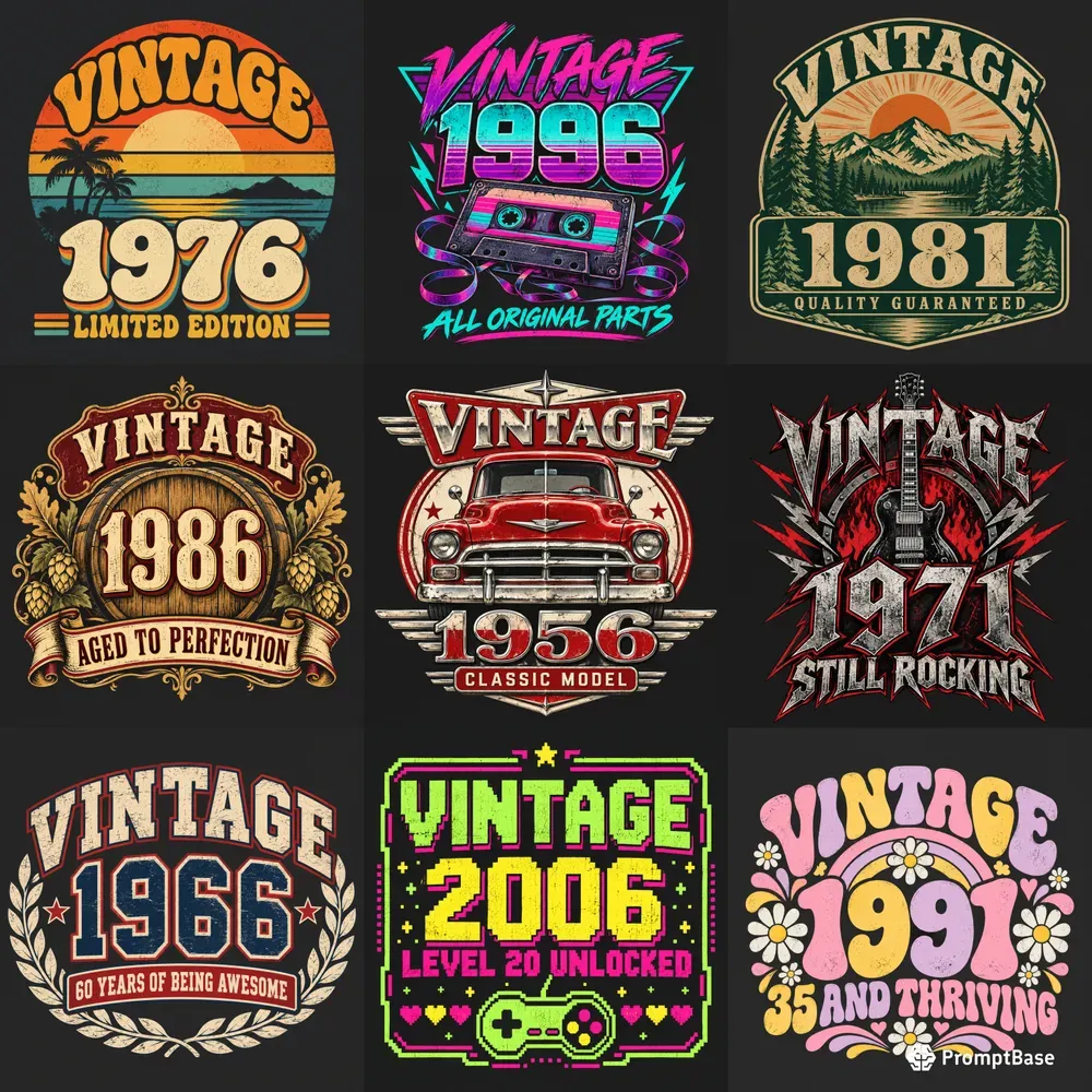 Vintage Birth Year Birthday Tee Designs