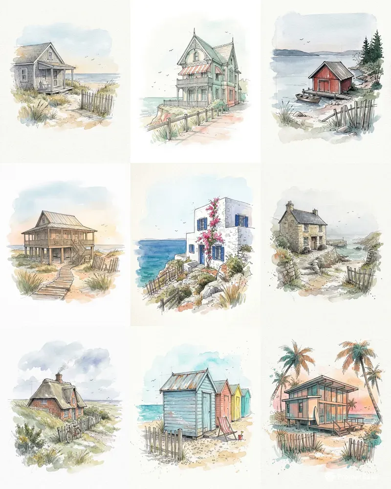 Watercolor Ink Beach House Sketches
