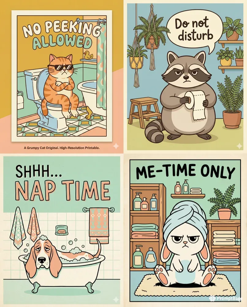Funny Bathroom Cartoon Wall Art Gemini Image Prompt | PromptBase, image size:806x1000