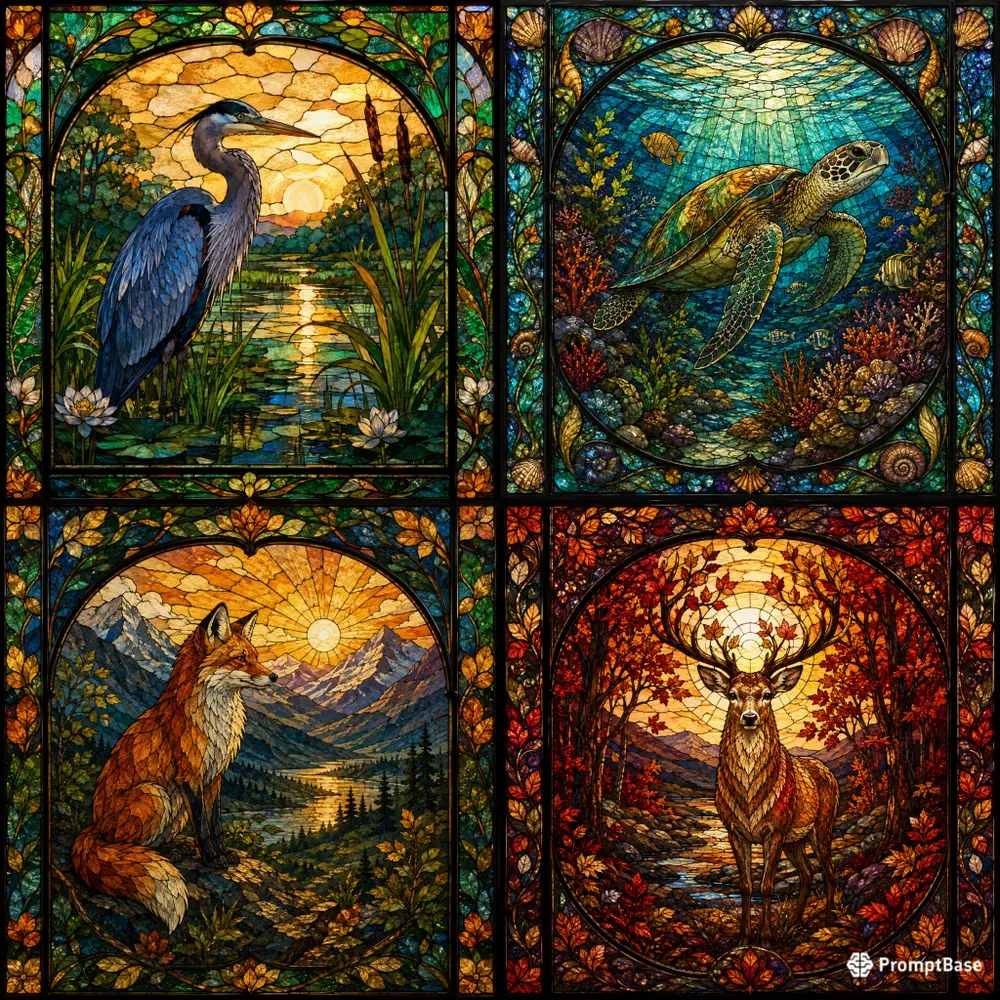 Stained Glass Tropical Panel Scenes