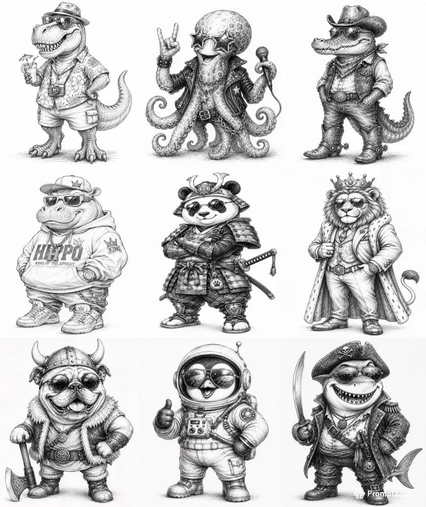Pencil Sketch Animal Characters