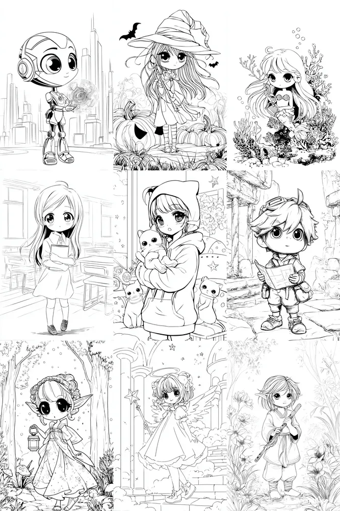 Cute Anime Coloring Book Characters