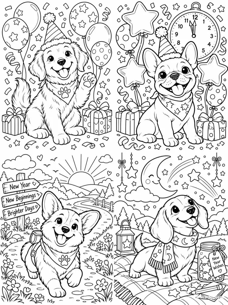 Cute Dog Breed New Year Coloring Pages