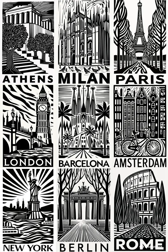 Black And White Linocut City Posters