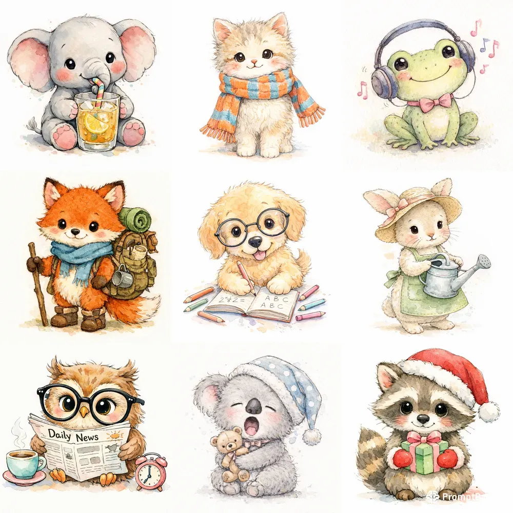Cute Ink Watercolor Animals