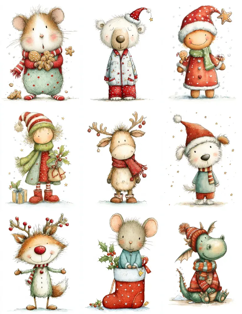 Cute Christmas Character Ink Cliparts