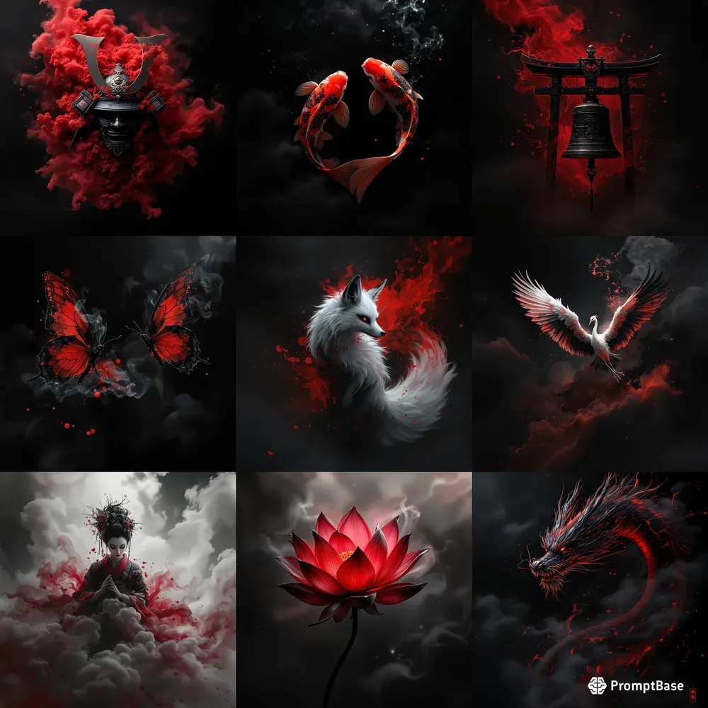 Japanese Surreal Ink Red Black Art