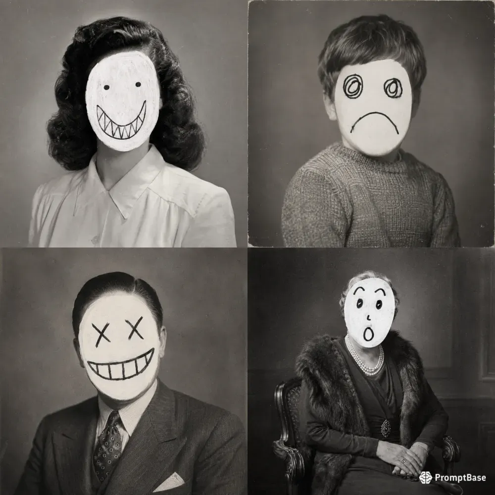 Crude Handdrawn Faces On Photos