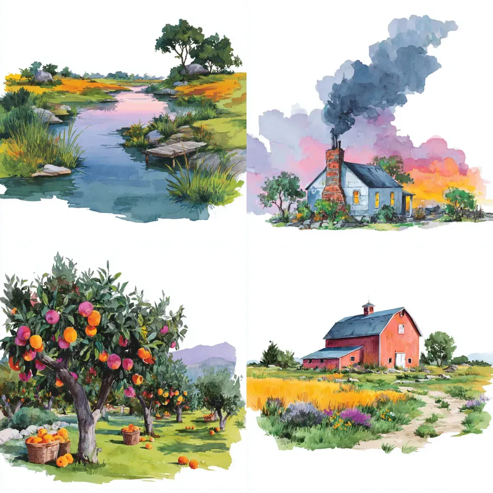 Charming Countryside Watercolor Clipart