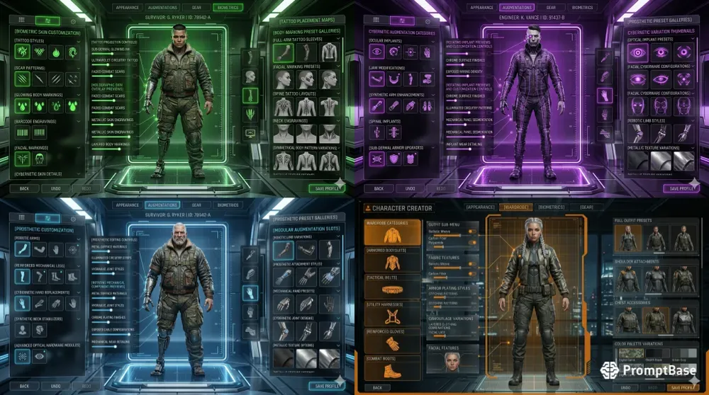 Cyberpunk Scifi Character Creator UIs