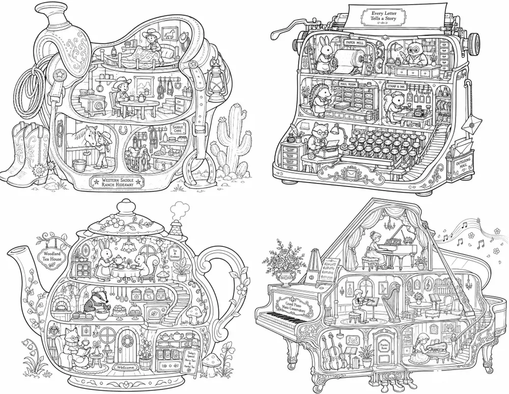 Whimsical Object Cutaway Coloring Books