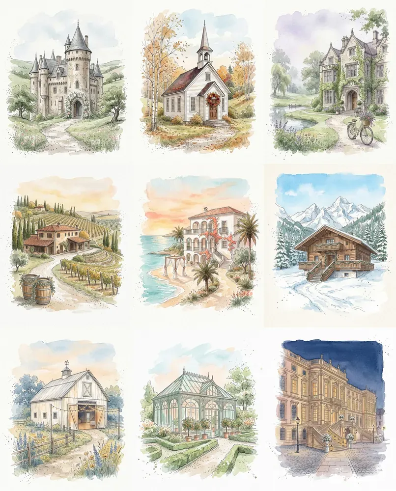 Watercolor Ink Wedding Venue Sketches