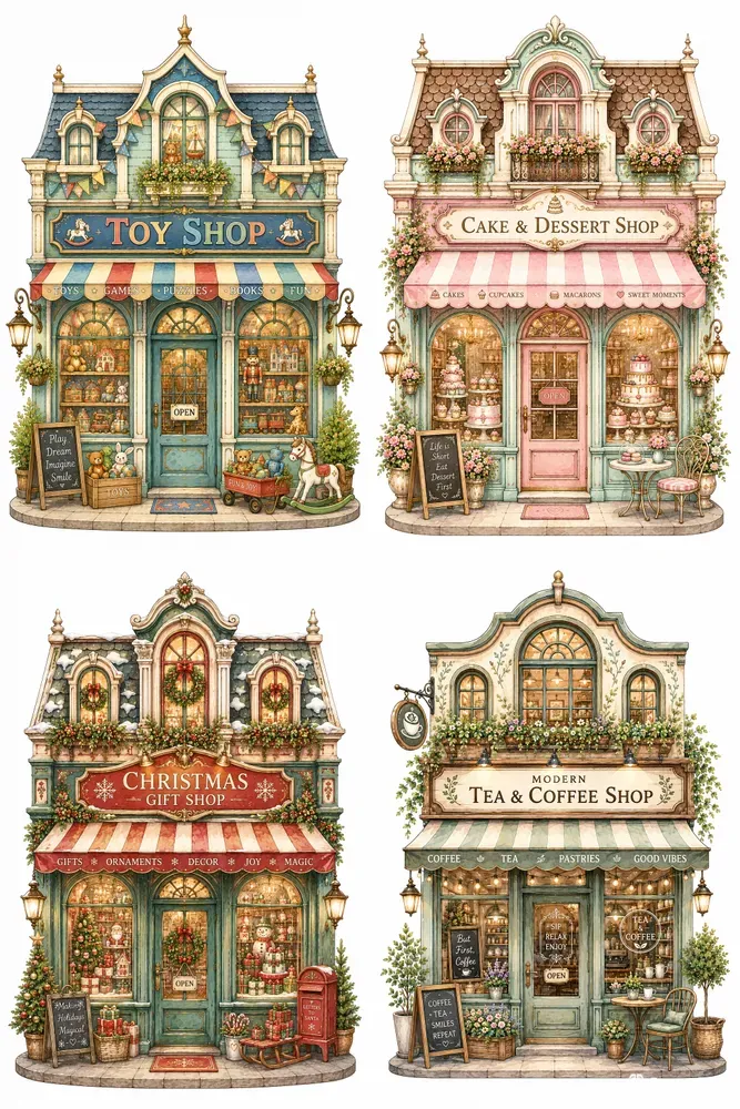 Cute Urban Shops Watercolor Clipart
