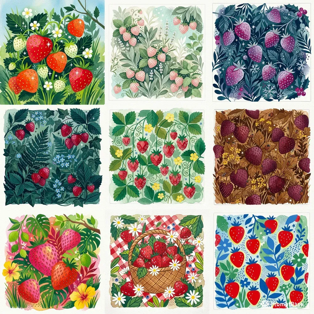 Dense Botanical Strawberry Gouaches