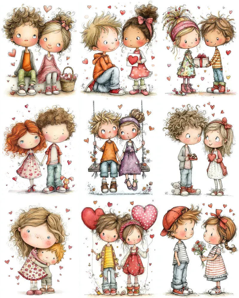 Anime Kids Couples Valentine Clipart Sets