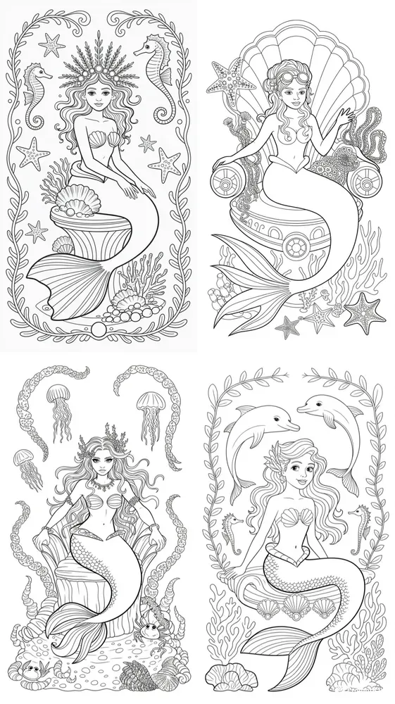 Elegant Mermaid Palace Coloring Pages