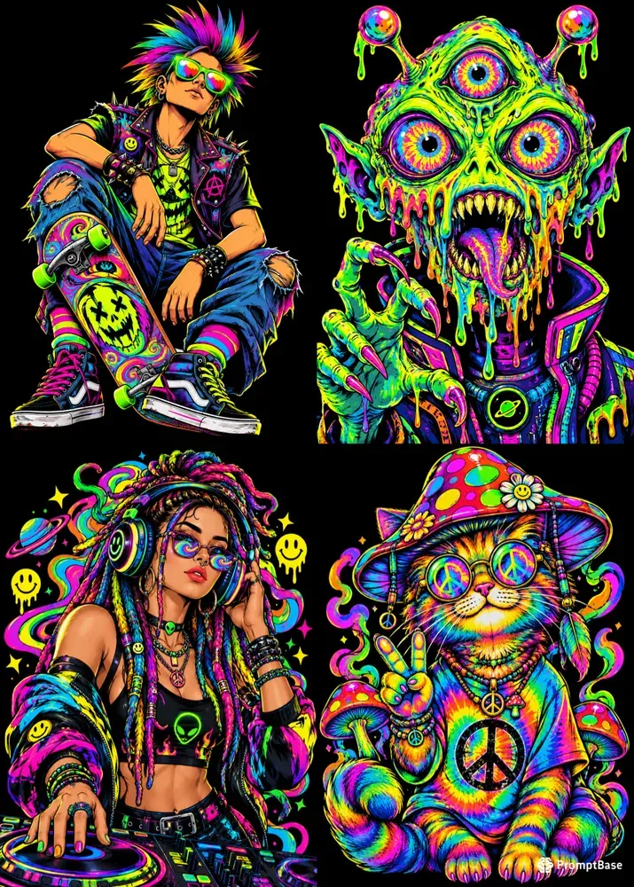 Psychedelic Neon Comic Characters Packs