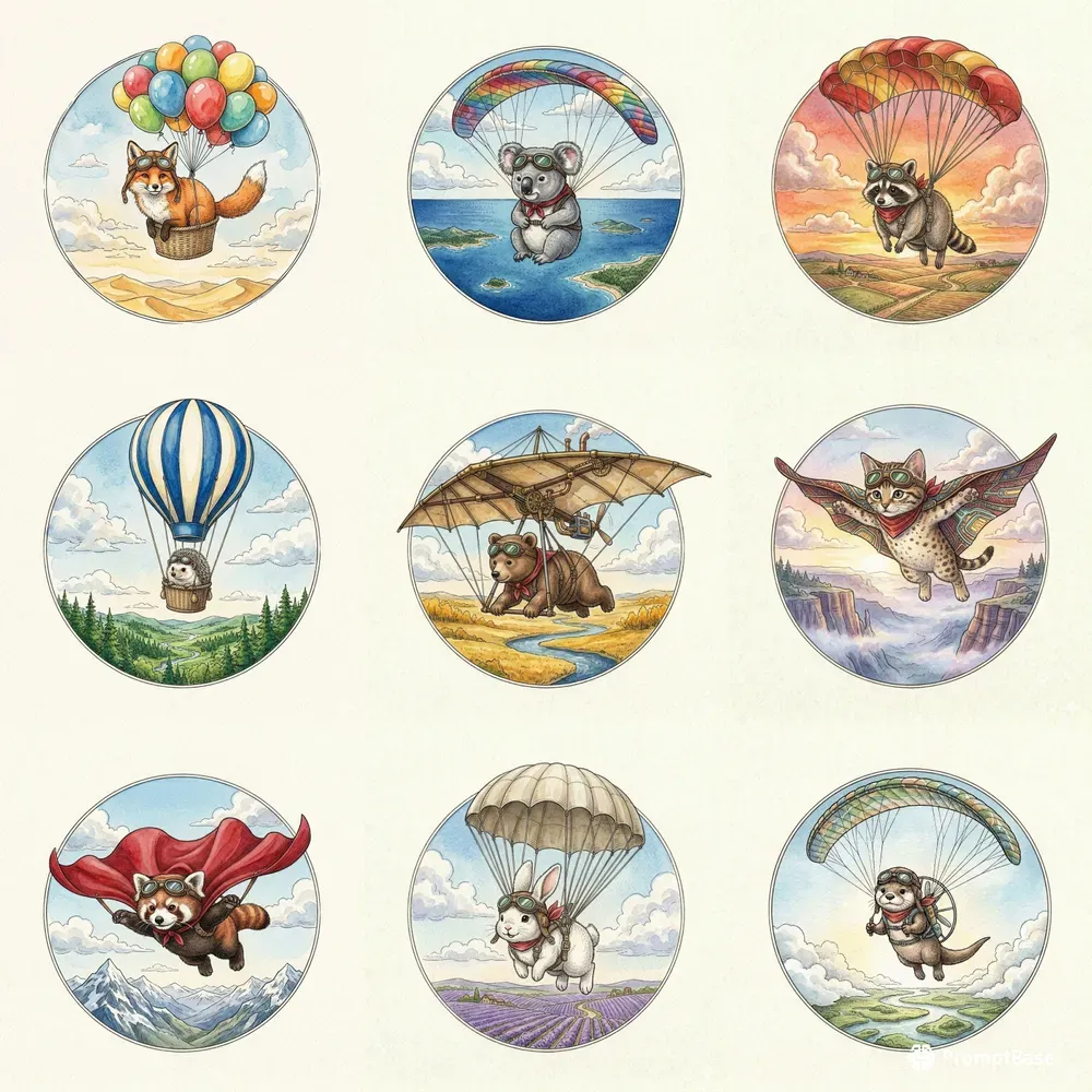 Watercolor Flying Animal Vignettes