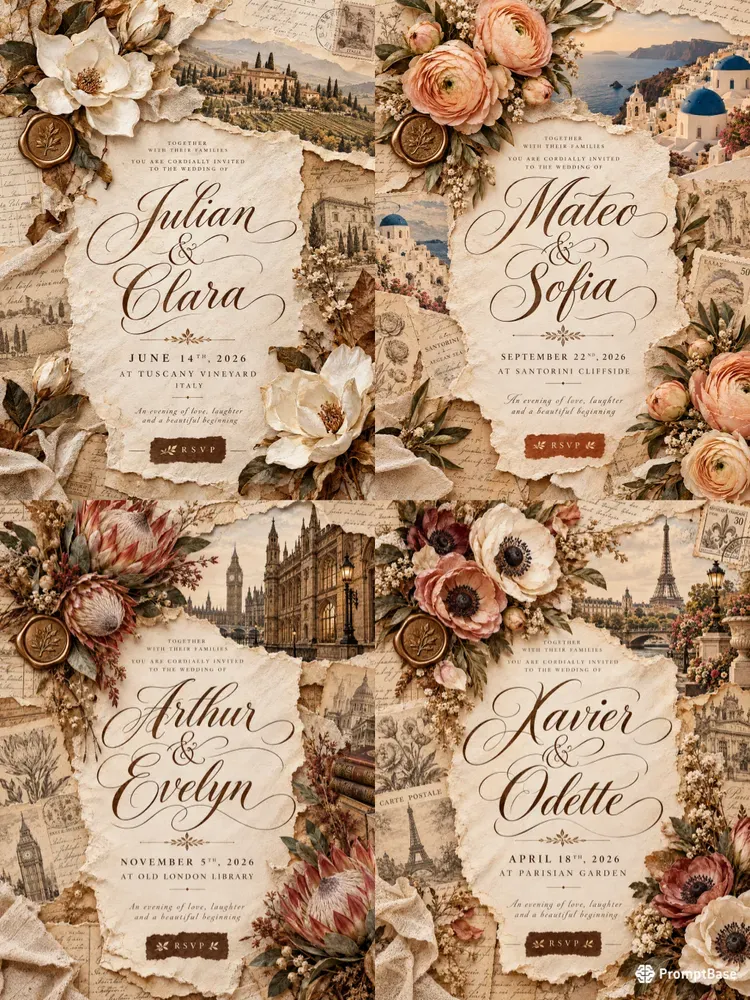 Vintage Sepia Torn Paper Wedding Invites
