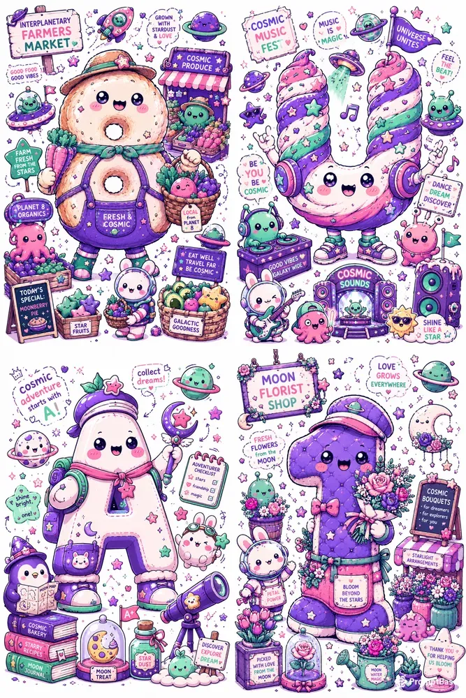Kawaii Space Alphabets And Numbers