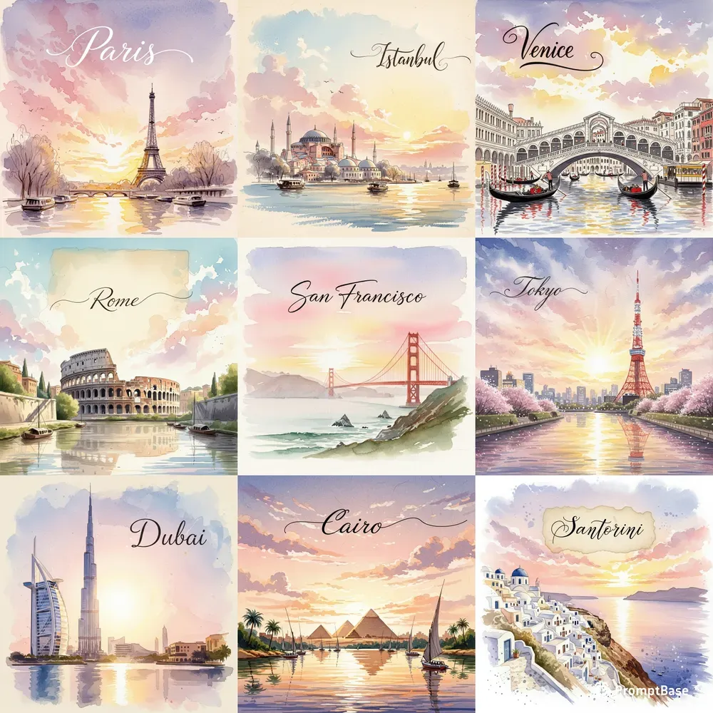 Pastel Watercolor Cityscape Posters