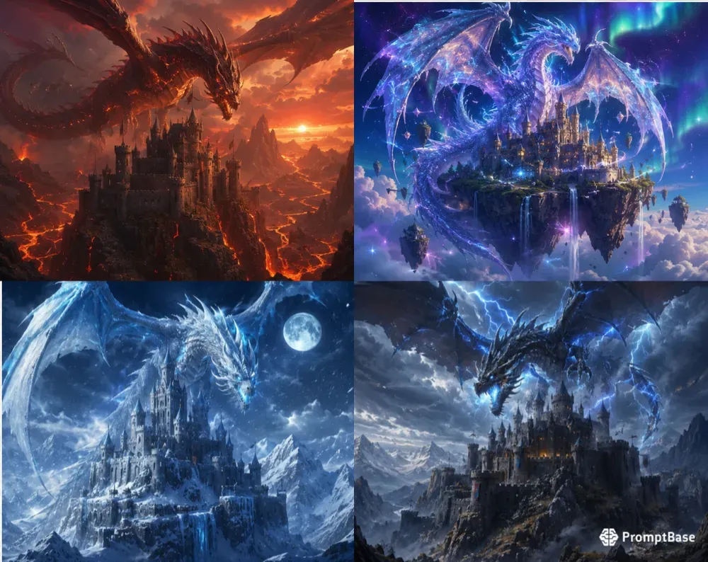 Mythical Dragons Above Ancient Castles