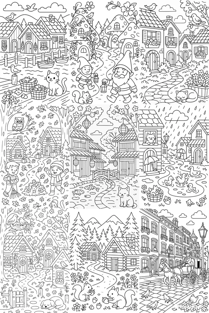 Cozy Village Coloring Book Pages