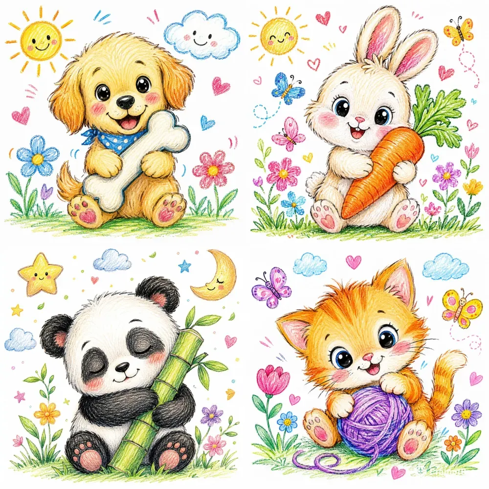 Cute Crayon Animal Sketches