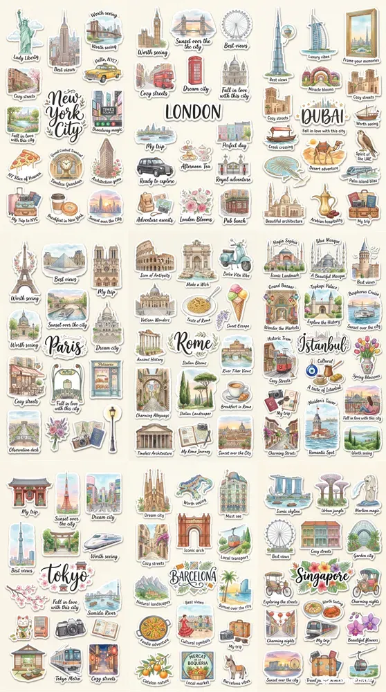 Cute Watercolor Travel Sticker Sheets