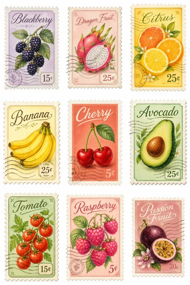 Vintage Watercolor Postage Stamps