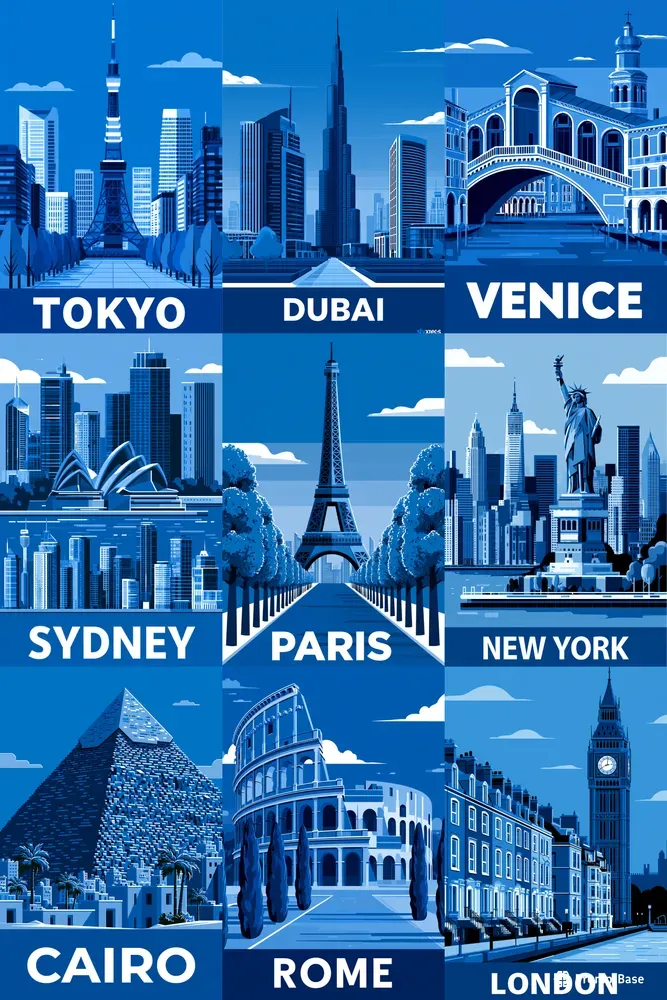 Monochrome Blue City Travel Posters