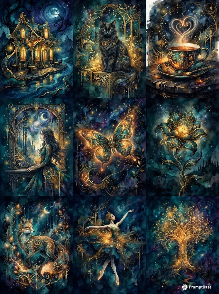 Mystic Teal Gold Ink Flows