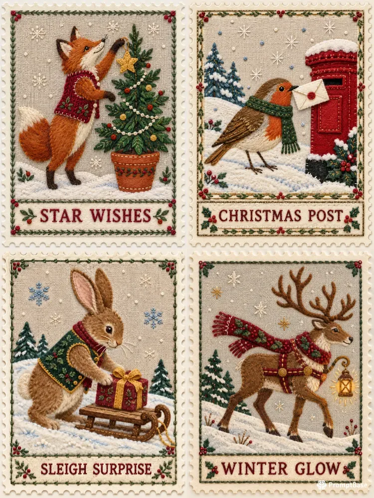Embroidered Christmas Postage Stamps