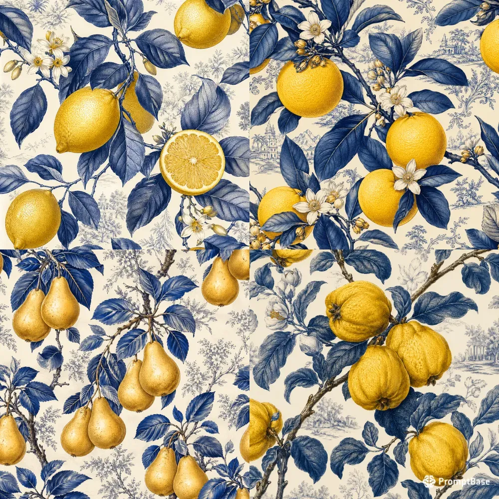 Vintage Blue Botanical Fruit Patterns