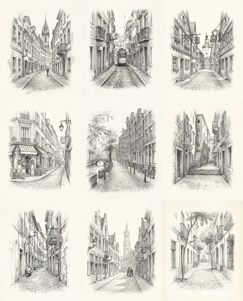 Vintage European Street Pencil Sketches