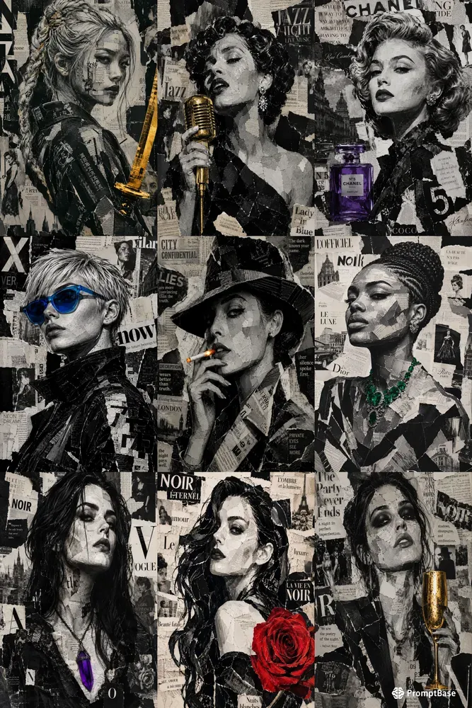 Monochrome Fashion Collage Portraits