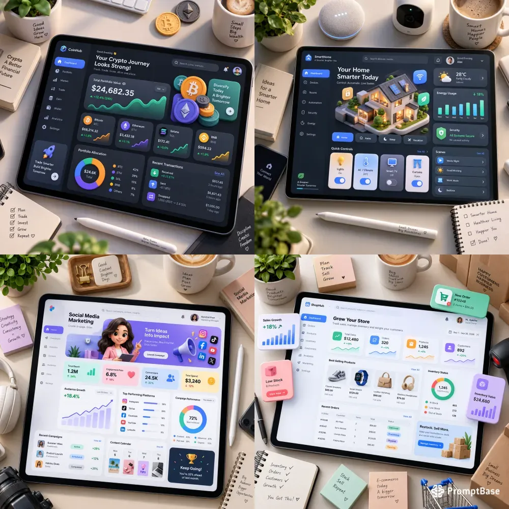 3D Claymorphic App Dashboard Mockups